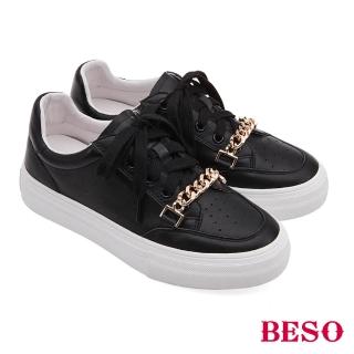 【A.S.O 阿瘦集團】BESO 柔軟牛皮搭配金屬鍊條綁帶休閒鞋(黑色)