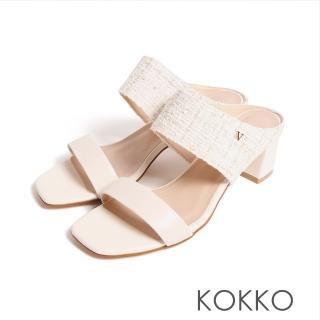 【KOKKO 集團】寬版造型柔軟羊皮粗跟涼鞋(白色)
