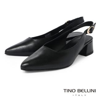 【TINO BELLINI 貝里尼】義大利進口牛皮尖楦後釦帶粗跟鞋FS1V001B(黑)
