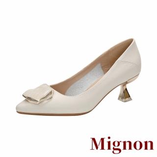 【Mignon】真皮跟鞋 尖頭跟鞋 縷空跟鞋/真皮頭層牛皮小尖頭幾何縷空多邊形釦飾跟鞋(杏)