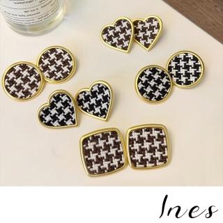 【INES】S925銀針耳環 十字耳環/韓國設計S925銀針復古金屬框針織十字千鳥格紋耳環(6款任選)