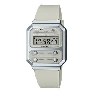 【CASIO 卡西歐】電子錶 膠質錶帶 淡灰復古 LED照明 日常生活防水 A100W(A100WEF-8A)