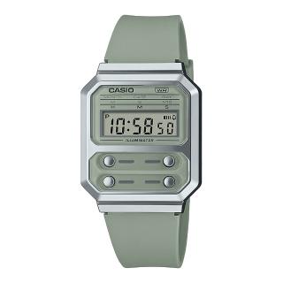 【CASIO 卡西歐】電子錶 膠質錶帶 墨綠復古 LED照明 日常生活防水 A100W(A100WEF-3A)