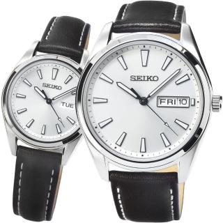【SEIKO 精工】精工藍寶石時尚皮帶對錶-銀面(SUR447P1 SUR455P1)