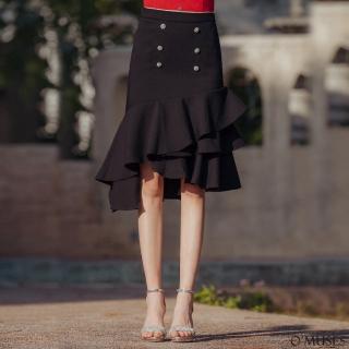 【OMUSES】排釦前短後長荷葉黑色短裙13-7054(S-L)
