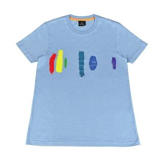 【Paul Smith】PAUL SMITH藍色插頁簽名LOGO綿質油漆造型設計圓領短袖T恤(男款x淺藍)