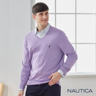 【NAUTICA】男裝 經典原色V領長袖針織衫(紫色)