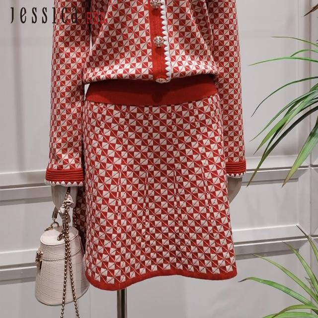 【Jessica Red】甜美百搭格紋羊毛混紡針織A字裙短裙832Z84
