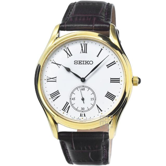 【SEIKO 精工】精工藍寶石小秒針皮帶男錶-白面金框(SRK050P1)