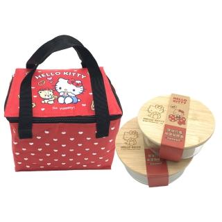 【SANRIO 三麗鷗】Hello Kitty竹蓋玻璃保鮮盒2入組(附方型保溫袋)