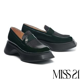 【MISS 21】臭跩復古條紋拼接牛漆皮樂福大頭厚底鞋(綠)