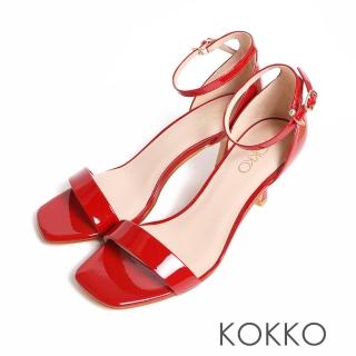 【KOKKO 集團】性感亮漆皮方頭繫踝繞帶細跟涼鞋(紅色)