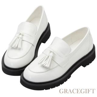 【Grace Gift】質感流蘇圓頭樂福鞋(白漆)