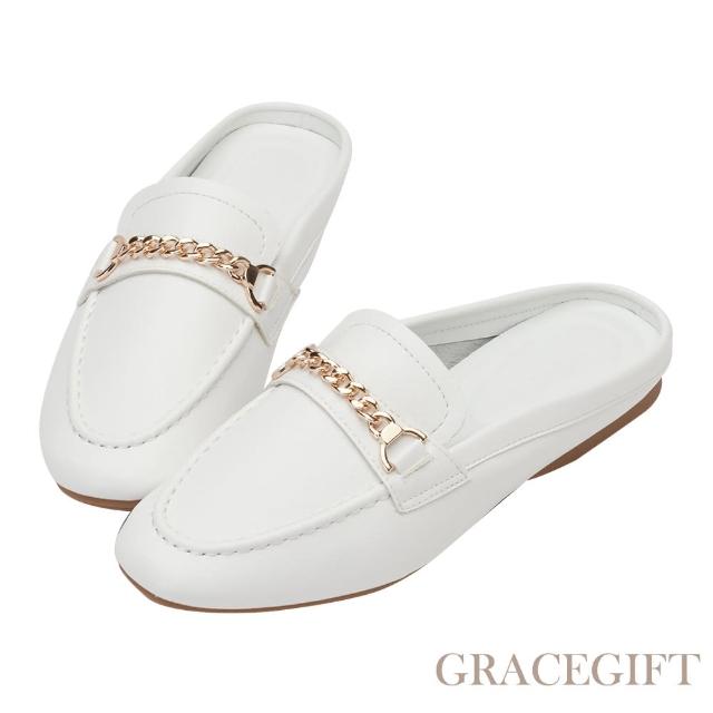 【Grace Gift】極簡馬銜扣平底穆勒鞋(白)