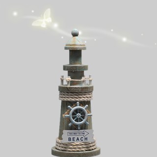 【北熊天空】地中海風格 燈塔 擺飾 19公分高 木製 瞭望台 做舊風 斑駁 船舵 擺飾(擺件 海洋風 拍照道具)