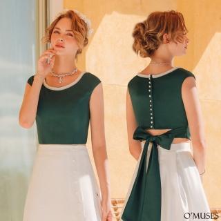 【OMUSES】珠飾領美背綁帶綠色上衣12-12208(S-3L)