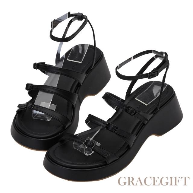 【Grace Gift】簡約細帶繞踝厚底涼鞋(黑)
