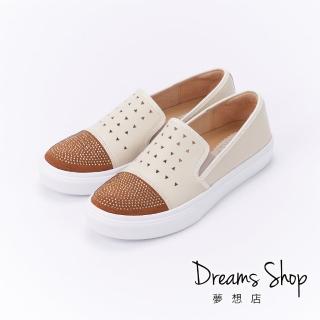 【DREAMS SHOP】輕量_MIT真皮燙鑽拼接休閒懶人鞋-米色(大尺碼女鞋41 42)