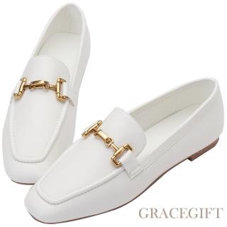 【Grace Gift】俐落馬銜扣平底樂福鞋(白)