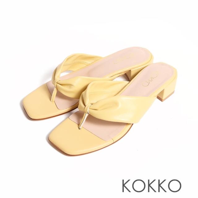 【KOKKO 集團】氣質抓皺感綿羊皮夾腳低跟拖鞋(黃色)
