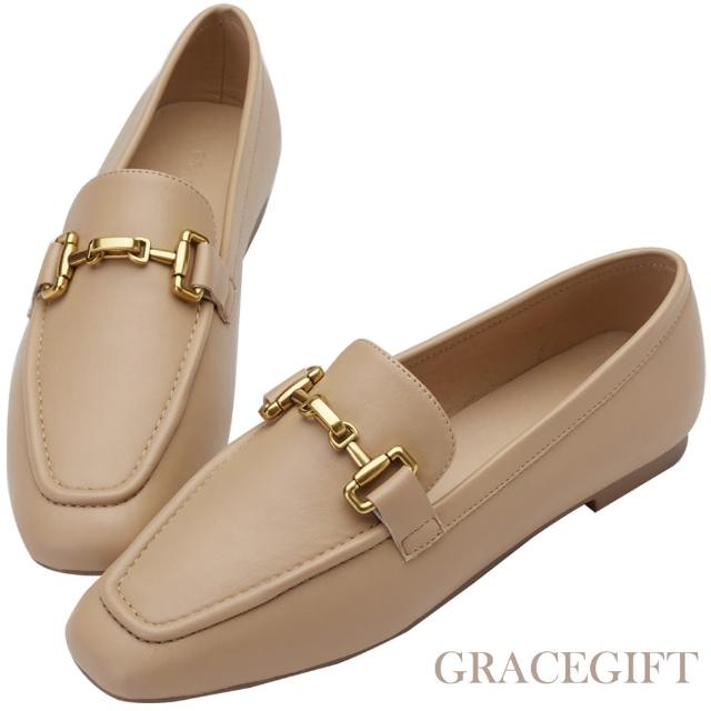 【Grace Gift】俐落馬銜扣平底樂福鞋(卡其)
