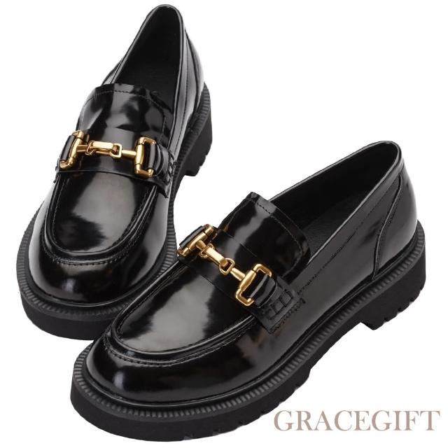 【Grace Gift】經典馬銜扣圓頭樂福鞋(黑漆)