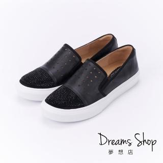 【DREAMS SHOP】輕量_MIT真皮燙鑽拼接休閒懶人鞋-黑色(大尺碼女鞋41)