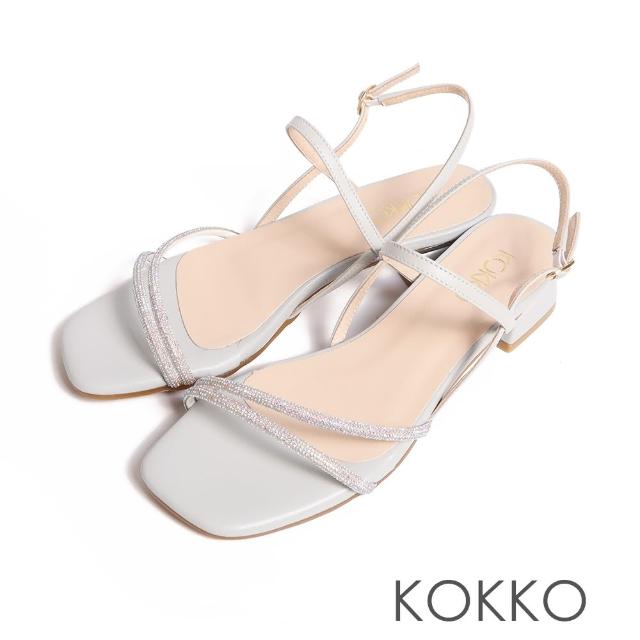 【KOKKO 集團】輕奢水鑽時尚方頭綁帶低跟涼鞋(淺藍色)