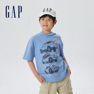 【GAP】男童裝 Logo寬鬆短袖帽T 厚磅密織水洗棉系列-湖藍色(602148)