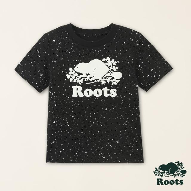 【Roots】Roots小童-星際遨遊系列 滿版星辰海狸LOGO有機棉短袖T恤(黑色)