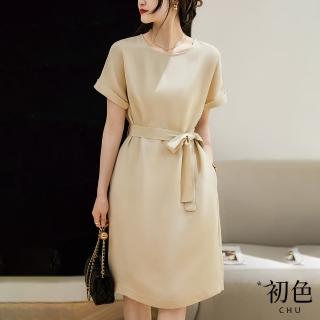 【初色】清涼感輕奢圓領綁帶純色連衣裙短袖連身洋裝-共2色-67891(M-XL可選)