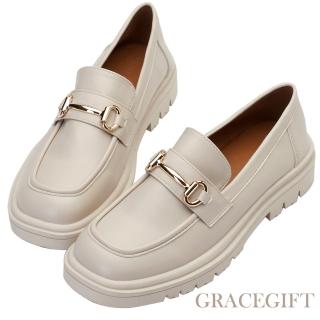 【Grace Gift】復古馬銜扣方頭樂福鞋(白)