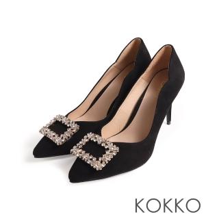 【KOKKO 集團】KOKKO晚宴金屬感方形鑲鑽飾釦流線型斜口跟鞋(麂皮黑色)