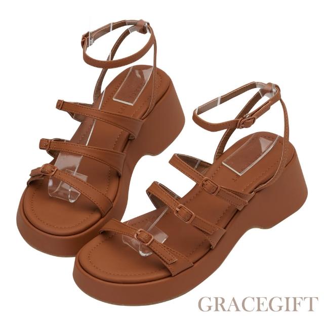 【Grace Gift】簡約細帶繞踝厚底涼鞋(棕)