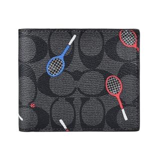 【COACH】COACH 壓印LOGO藍紅網球拍印花PVC 6卡對折短夾(炭黑)