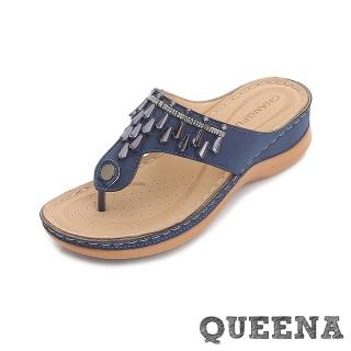 【QUEENA】坡跟拖鞋 T字拖鞋/閃耀民族風閃鑽串珠T字飾面輕量舒適坡跟拖鞋(藍)