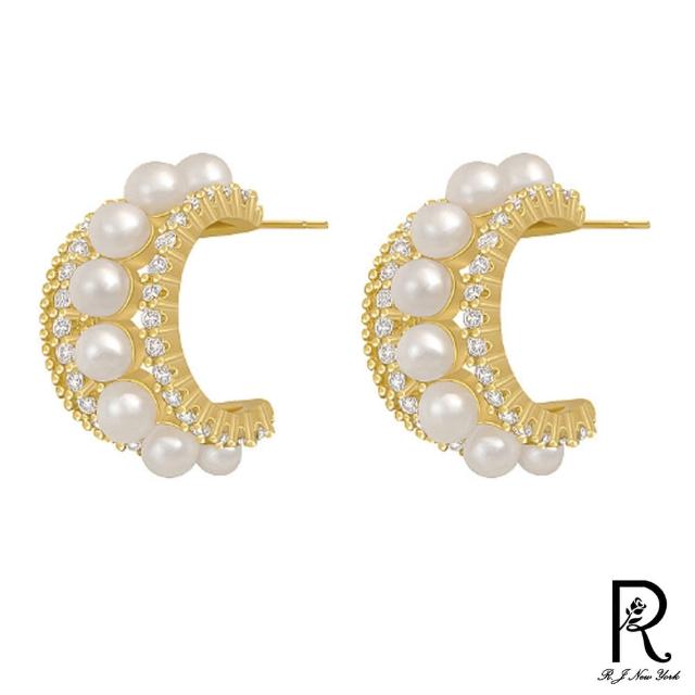 【RJ New York】法式貴族C型珍珠閃耀鋯石耳環(金色)
