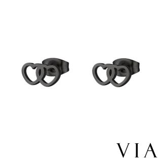 【VIA】白鋼耳釘 白鋼耳環 雙心耳環/符號系列 可愛縷空雙心造型白鋼耳釘(黑色)