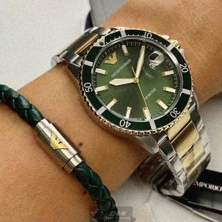 【EMPORIO ARMANI】ARMANI阿曼尼男錶型號AR00043(墨綠色錶面綠金錶殼金銀相間精鋼錶帶款)