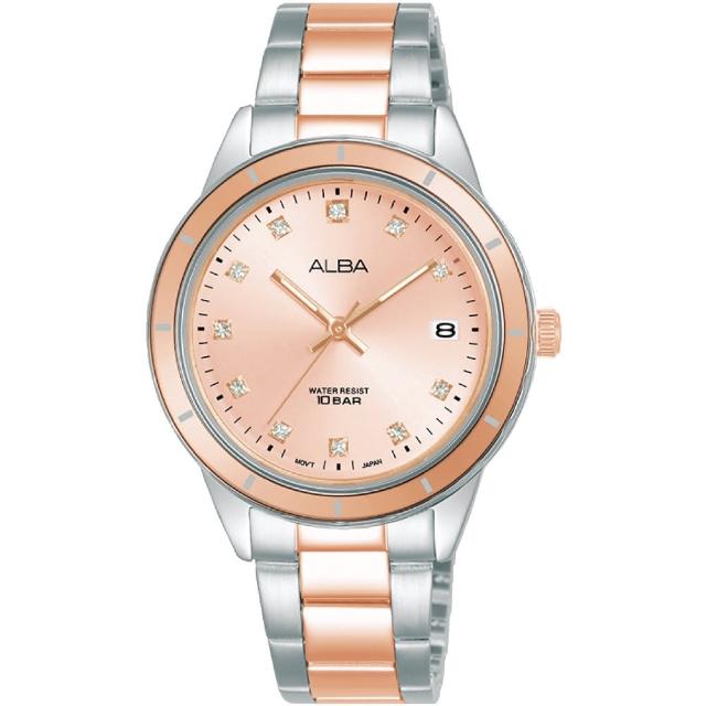 【ALBA】雅柏 簡約晶鑽女錶-銀x粉紅金/34mm(AG8M83X1/VJ32-X333P)