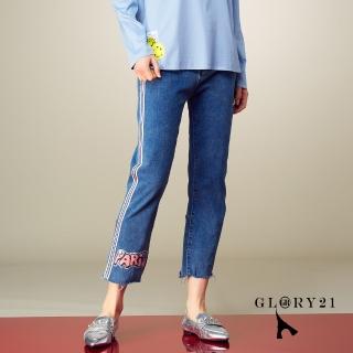 【GLORY21】速達-側邊織帶顯瘦丹寧長褲(藍色)
