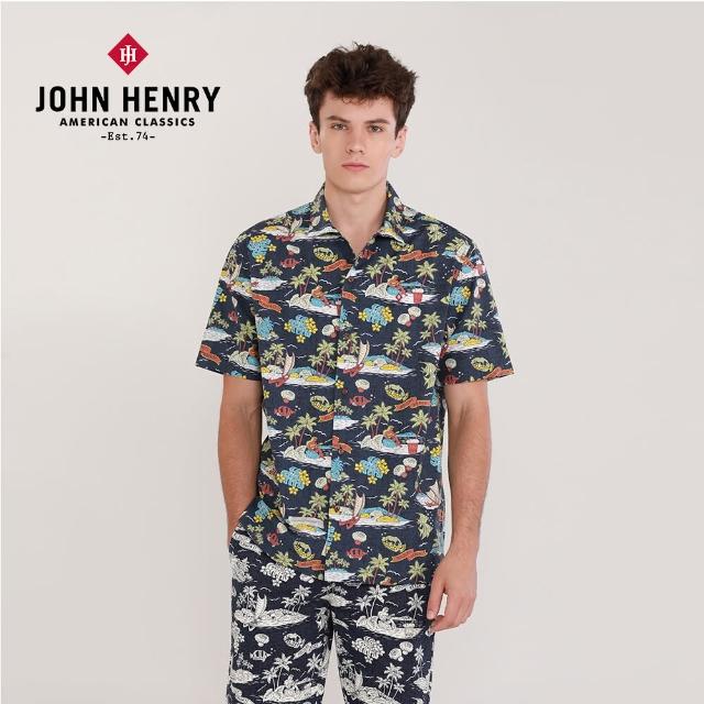 【JOHN HENRY】彩色島嶼古巴領短袖襯衫-深藍