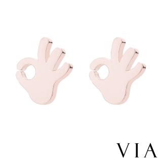 【VIA】白鋼耳釘 白鋼耳環 符號耳釘/符號系列 OK手勢造型白鋼耳釘(玫瑰金色)