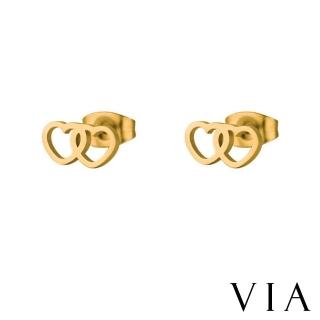 【VIA】白鋼耳釘 白鋼耳環 雙心耳環/符號系列 可愛縷空雙心造型白鋼耳釘(金色)