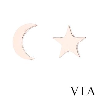 【VIA】白鋼耳釘 白鋼耳環 不對稱耳環/星空系列 星星月亮不對稱造型白鋼耳釘(玫瑰金色)