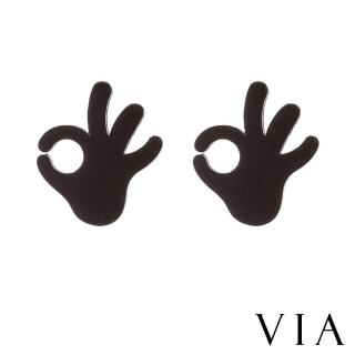 【VIA】白鋼耳釘 白鋼耳環 符號耳釘/符號系列 OK手勢造型白鋼耳釘(黑色)