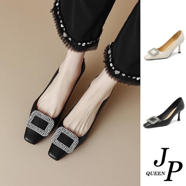 【JP Queen New York】高雅方晶純色羊皮正裝高跟鞋(2色可選)