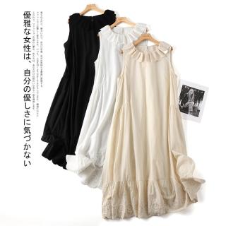 【設計所在】棉麻隨性風 純棉荷葉領無袖洋裝甜美復古長裙(3色可選)