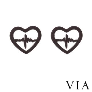 【VIA】白鋼耳釘 白鋼耳環 愛心耳釘/符號系列 心跳頻率縷空愛心線條造型白鋼耳釘(黑色)