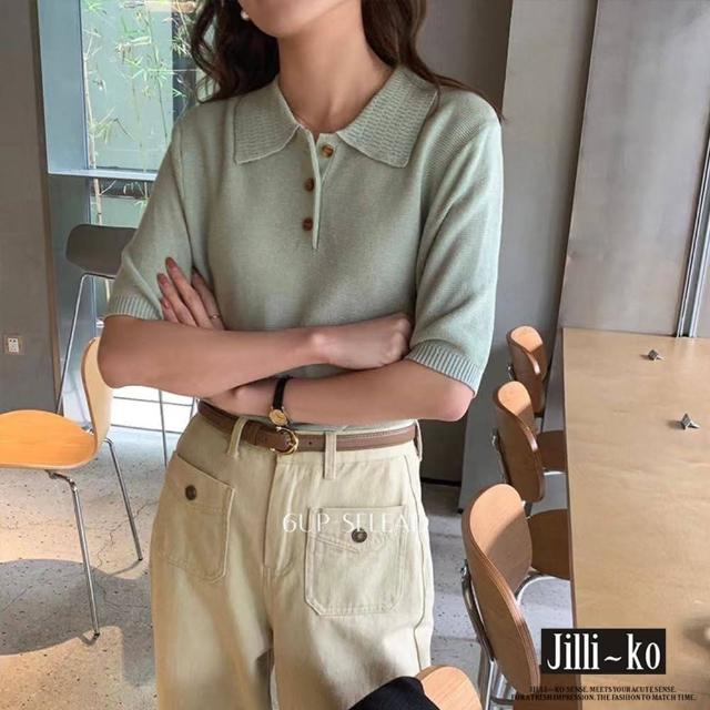 【JILLI-KO】韓國CHIC風翻領短袖冰絲針織衫-F(淺黃/淺綠)